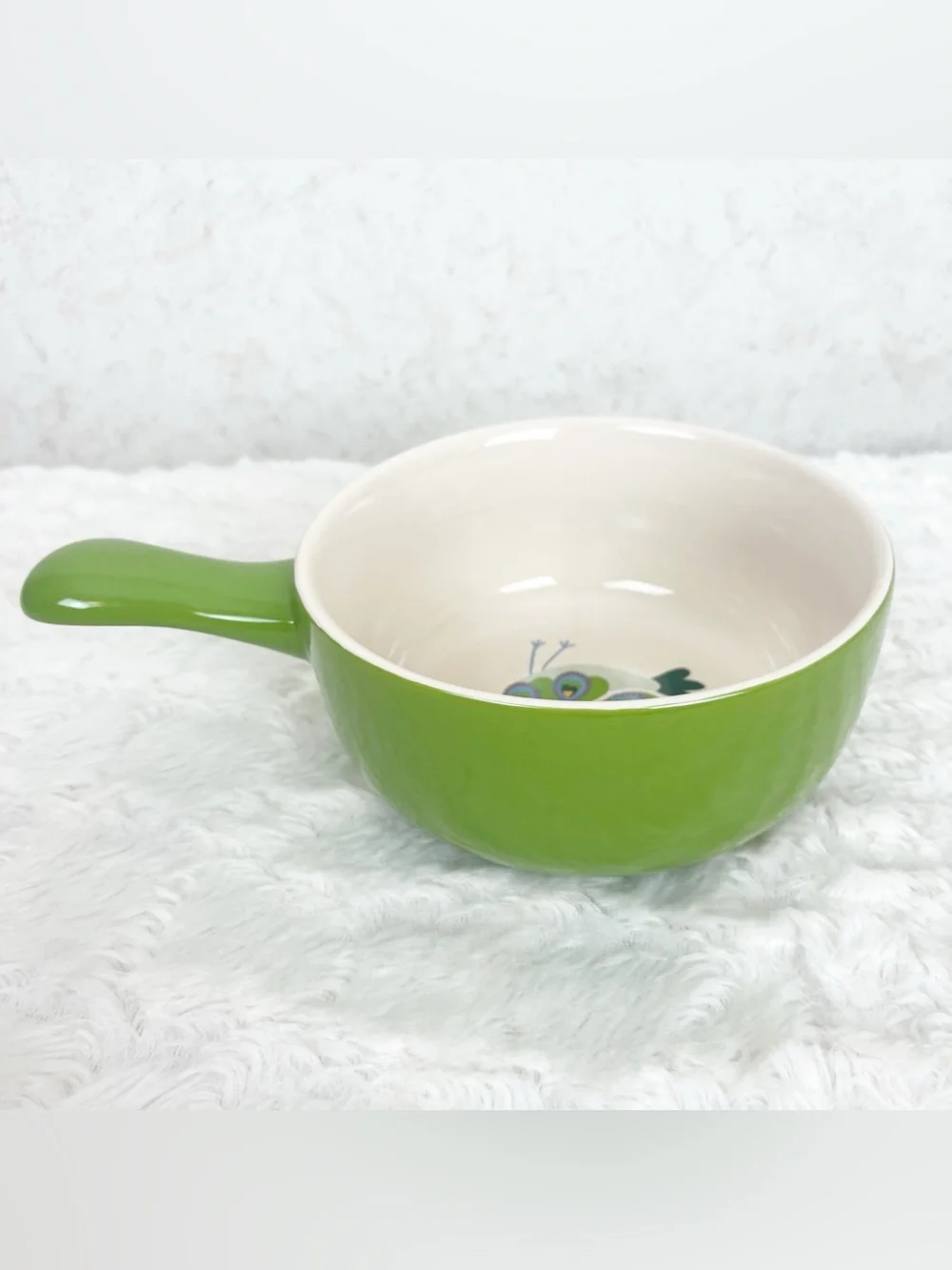 World Market Peacock Bird Ceramic Bakeware Soup Bowl Crock Handle Boho Whimsy